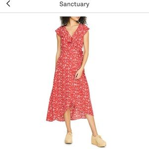 Sanctuary Midi wrap dress. Red flowers.